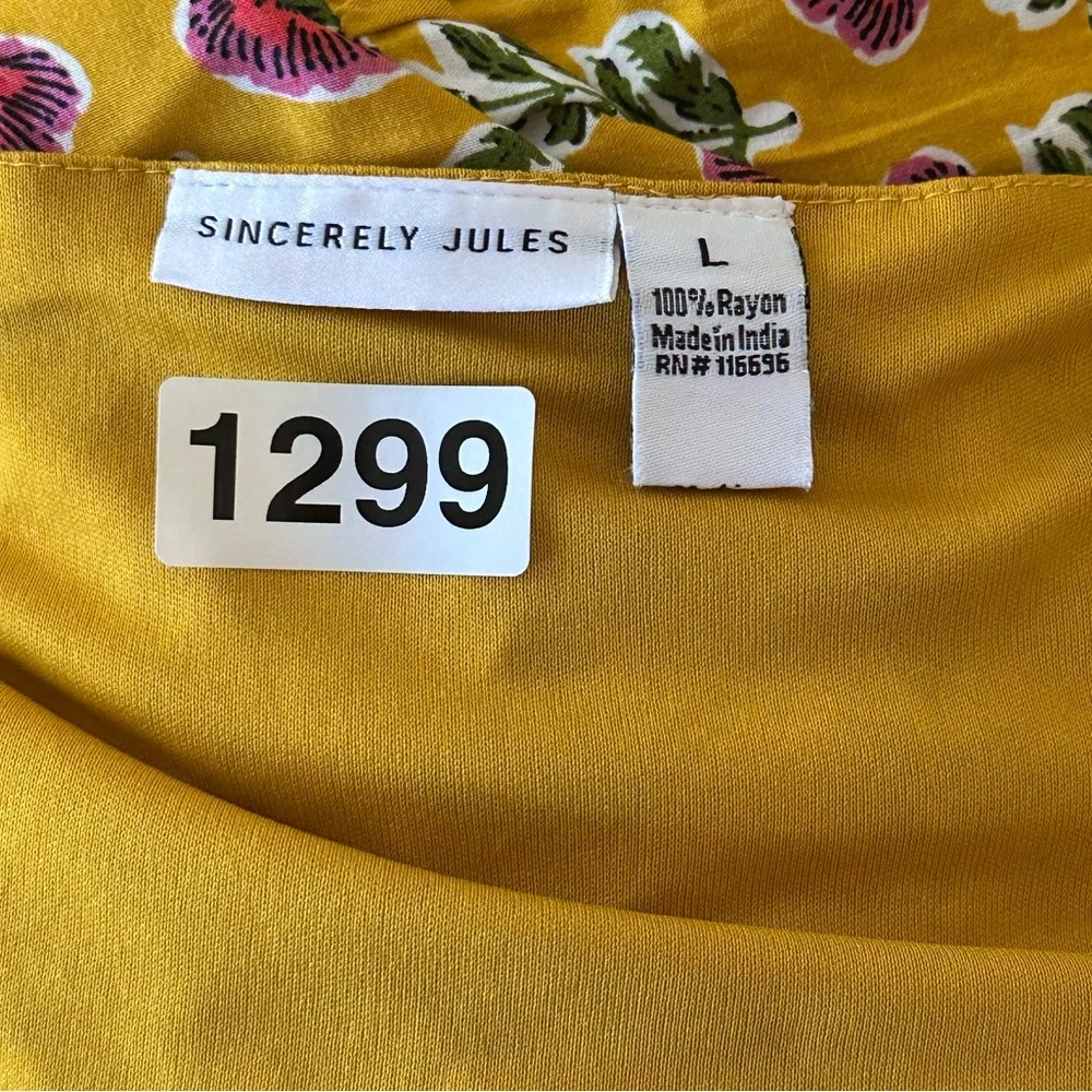 Sincerely Jules Mustard Floral Tiered Mini Dress L Boho Anthro Style Block Print - Picture 4 of 8